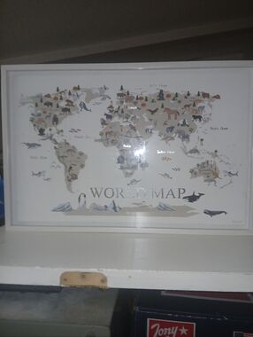 Framed Illustrated World Map Print - Neutral Tones Animal Edition